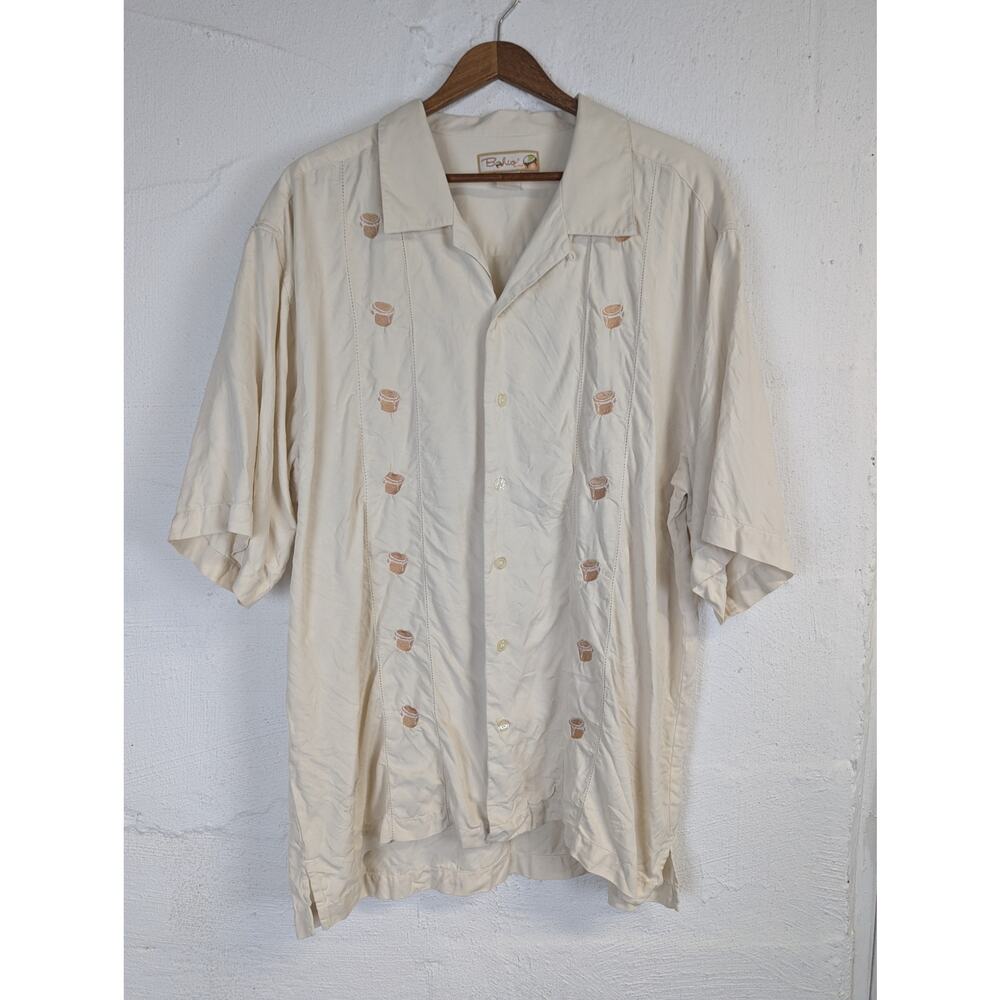 Vtg Silk Button Up Shirt Beige Embroidered Drums Novelty Lightweight Vacation XL